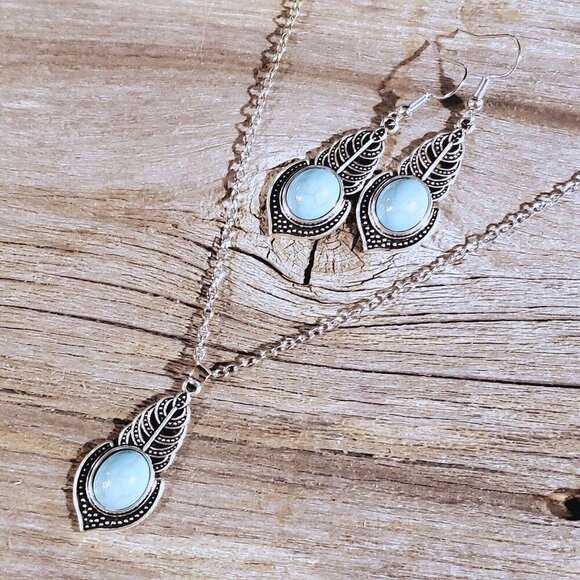 Art Deco Leaves Turquoise Blue Stone Silver Chain Necklace Earrings Jewelry Set - Picture 1 of 16